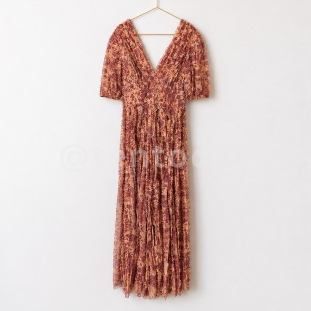 $798 NWT Anthropologie Mac Duggal Size 4 Red Floral Ruffle Long Maxi Dress Gown - Picture 9 of 12